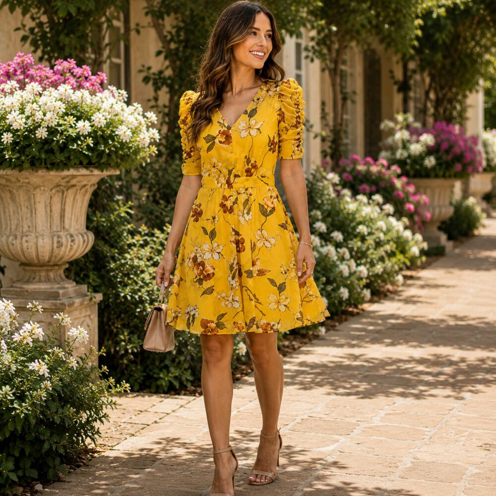 Floral Dress DKNY Women's Size 2 Cinched Chiffon Sleeve Yellow Boho Summer Dress
